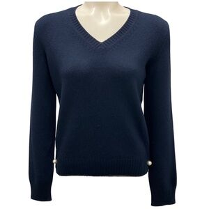 CHANEL NAVY BLUE PEARL EMBELLISHED CASHMERE KNIT SWEATER